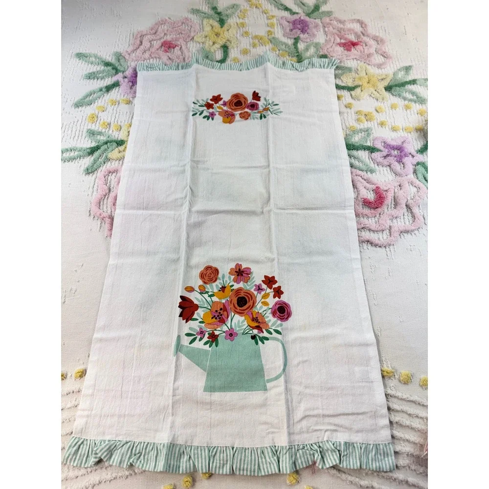 Twos Company Floral Tea Towels Set of 2 Cotton Ruffle Watering Can Pot White